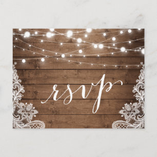 Barn Wood Twinkle Lights Lace Rustic Wedding RSVP Uitnodiging Briefkaart
