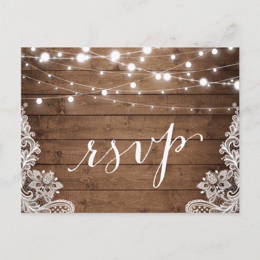 Barn Wood Twinkle Lights Lace Rustic Wedding RSVP Uitnodiging Briefkaart (Voorkant)