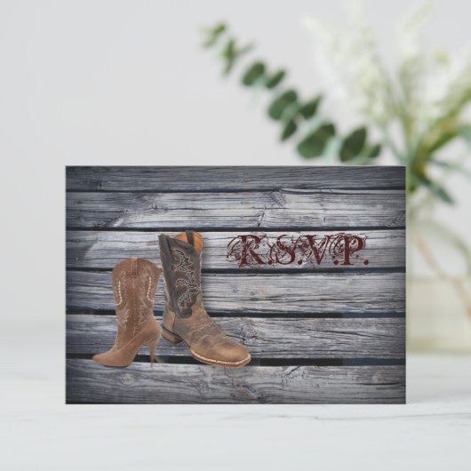 Barn Wood Westerne Cowboy bruiloft RSVP respons (Staand voorkant)