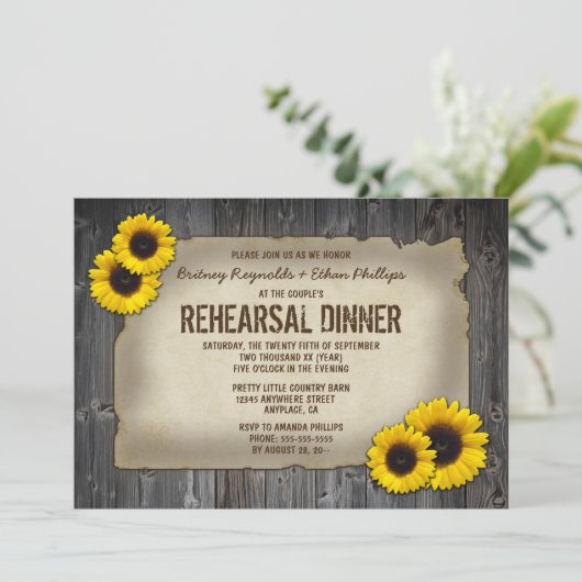 Barn Wood Zonnebloem Repetitie Diner Uitnodigingen (Staand voorkant)