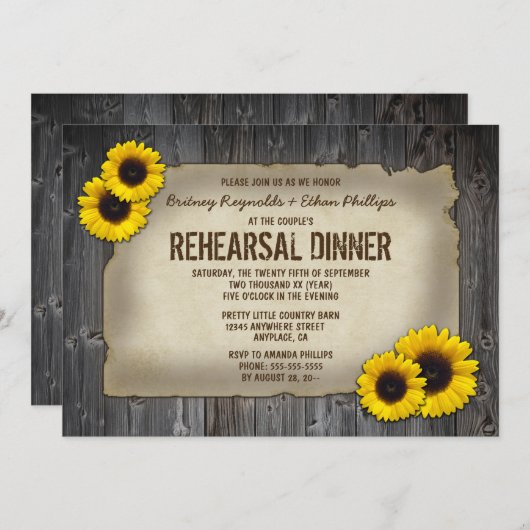 Barn Wood Zonnebloem Repetitie Diner Uitnodigingen (Voorkant / Achterkant)