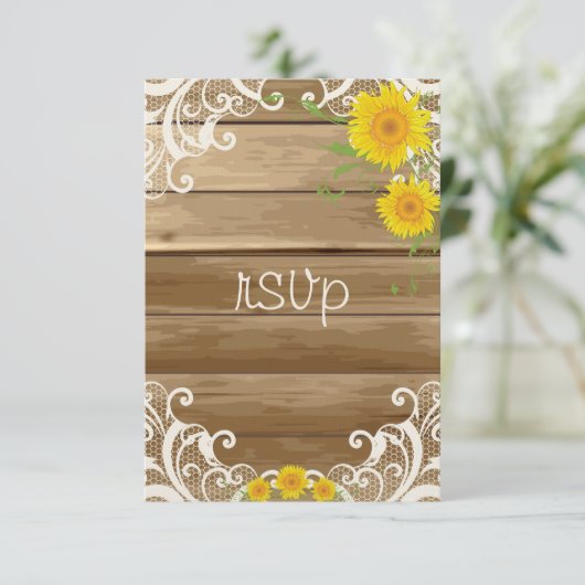 Barn Wood Zonnebloemen en  kant RSVP (Staand voorkant)