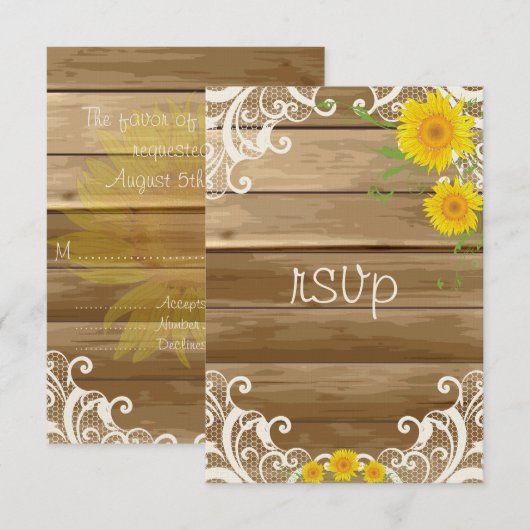 Barn Wood Zonnebloemen en kant RSVP (Voorkant / Achterkant)