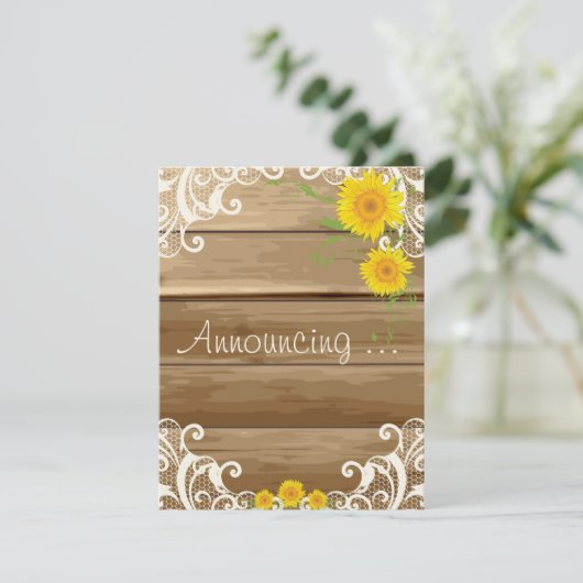 Barn Wood Zonnebloemen en  Lace Verloving Aankondiging (Staand voorkant)