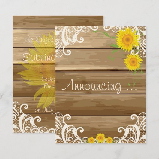 Barn Wood Zonnebloemen en Lace Verloving Aankondiging (Voorkant / Achterkant)