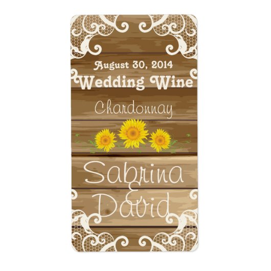 Barn Wood Zonnebloemen en  Lace Wine Label (Voorkant)