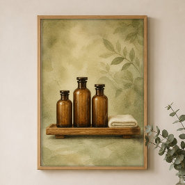 Barnsteenkleurige Flessen op Teakhouten Waterverf Poster