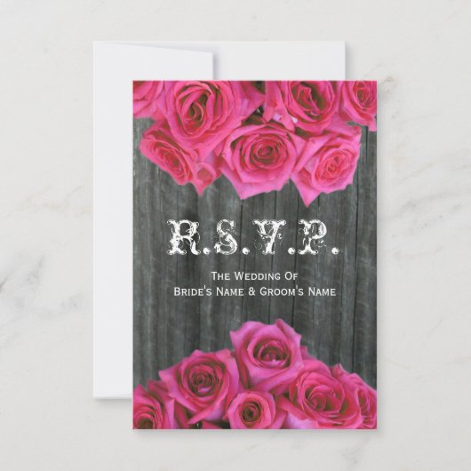 Barnwood and Hot Pink Rozen Weddenschap Small RSVP (Voorkant)