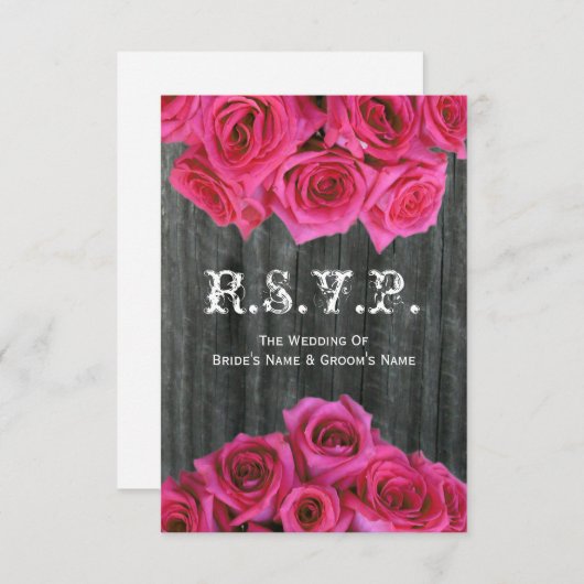 Barnwood and Hot Pink Rozen Weddenschap Small RSVP (Voorkant / Achterkant)