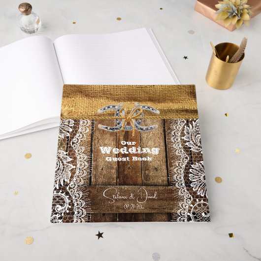 Barnwood Country Lace Hoefijzers bruiloft Gastenboek (Voorkant open)