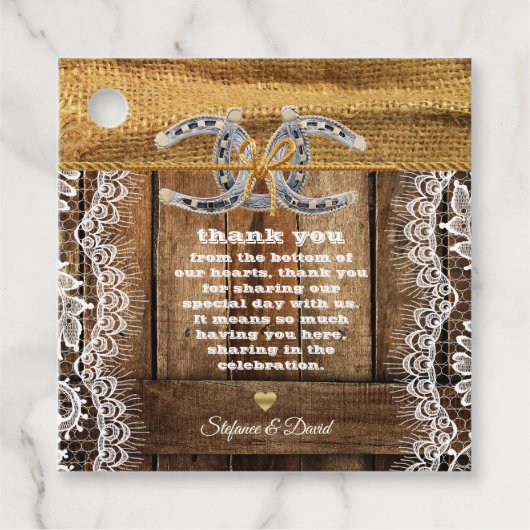 Barnwood, Country Lace & Hoefijzers Wedding Bedankjes Labels (Voorkant)
