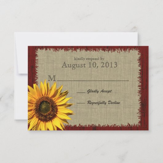 Barnwood en Burlap Zonnebloem bruiloft RSVP (Achterkant)