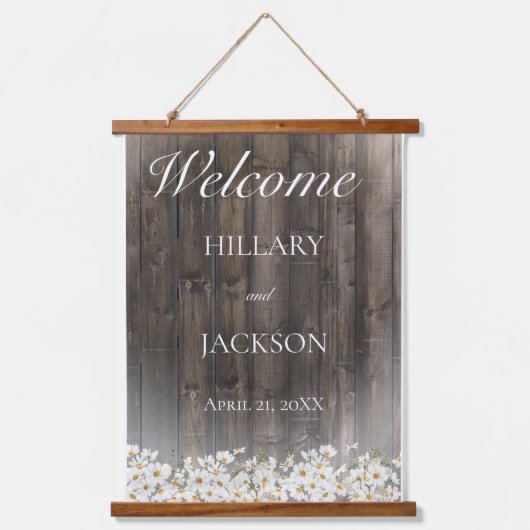 Barnwood en Daisies Rustic Wedding Hangend Wandkleed (Voorkant)