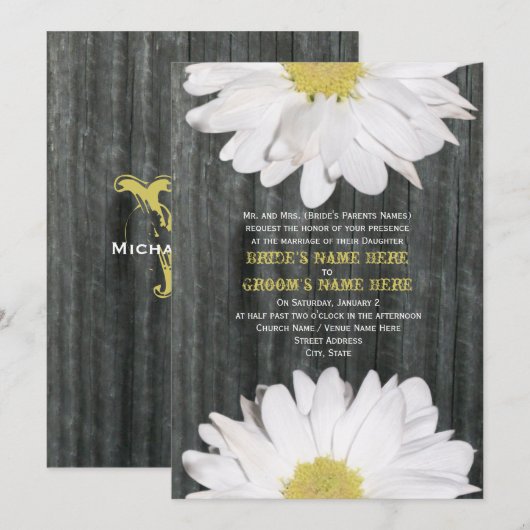 Barnwood en Daisy Wedding Invitation Kaart (Voorkant / Achterkant)