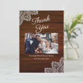 Barnwood en kanten bruiloft dank u kaart (Staand voorkant)