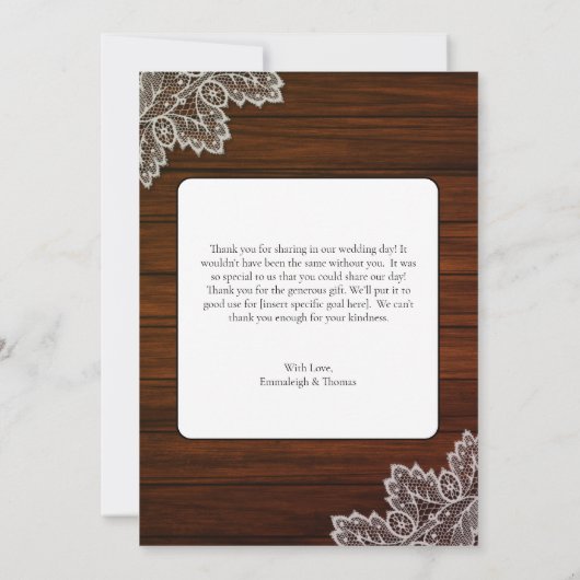 Barnwood en kanten bruiloft dank u kaart (Achterkant)