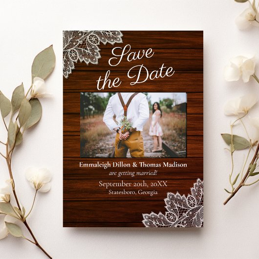 Barnwood en  kanten bruiloft kaart