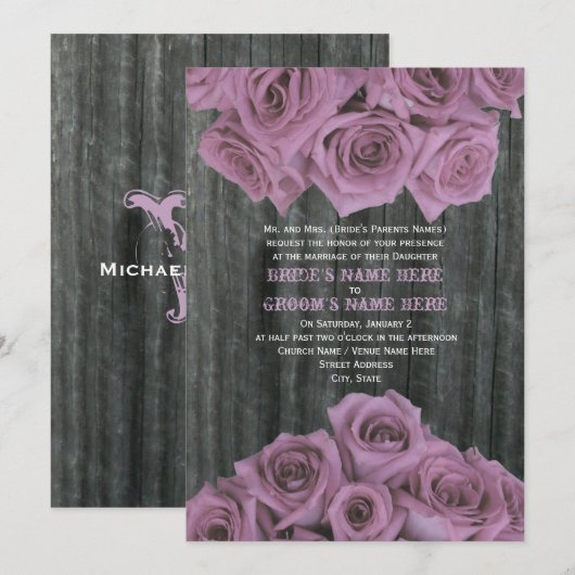 Barnwood en Roses Wedding Invitation Kaart (Voorkant / Achterkant)