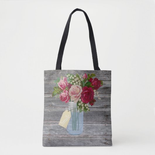 Barnwood en Rozen in Mason Jar Smile Label Tote Bag (Voorkant)