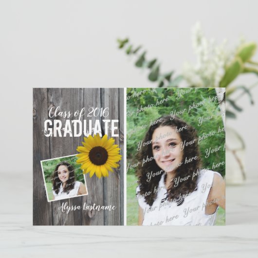Barnwood en zonnebloem Afstuderen uitnodiging (Staand voorkant)