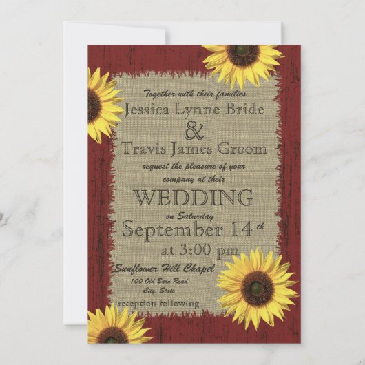 Barnwood en Zonnebloem Bruiloft Kaart (Achterkant)