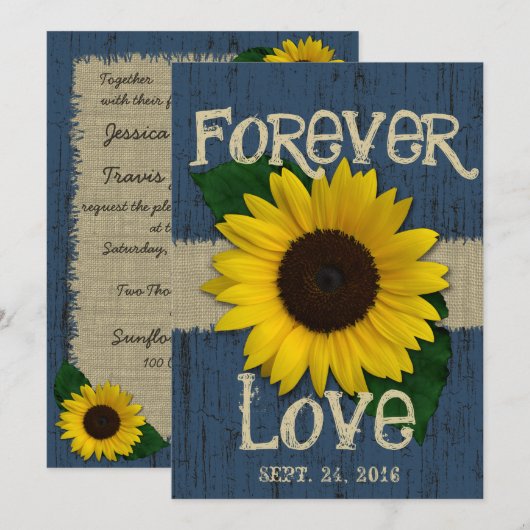 Barnwood en Zonnebloem Bruiloft Kaart (Voorkant / Achterkant)