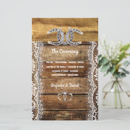 Barnwood, kant Hoefijzers bruiloft programma (Staand voorkant)