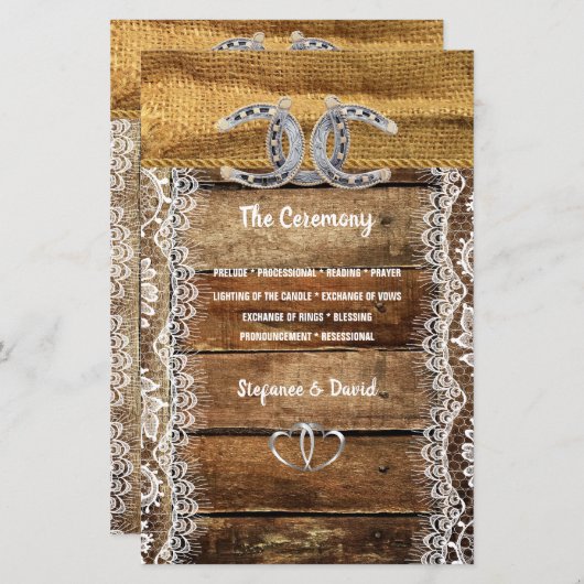 Barnwood, kant Hoefijzers bruiloft programma (Voorkant / Achterkant)