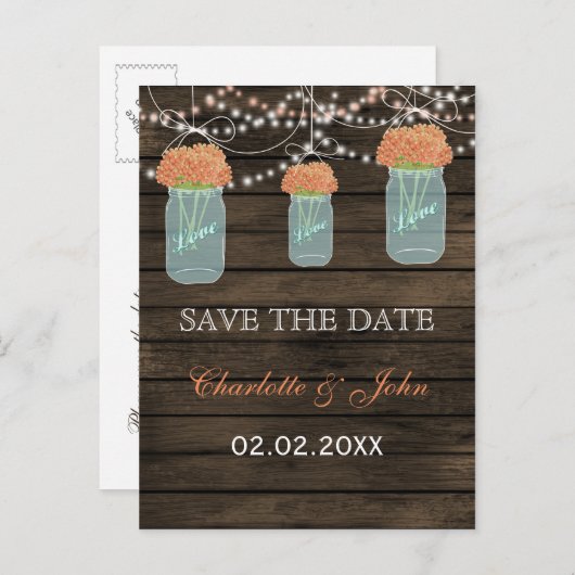 Barnwood koraal bloemen metselaar potten opslaan d aankondigingskaart (Voorkant / Achterkant)