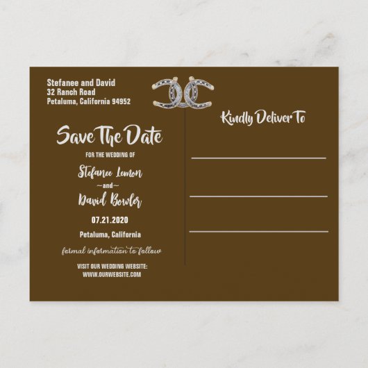 BARNWOOD, LACE & HOEFIJZERS BEWAAR DE DATUM AANKONDIGINGSKAART (Achterkant)