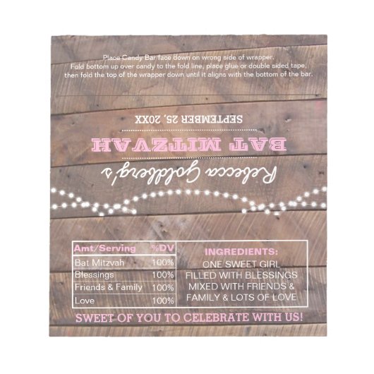 Barnwood Licht Roze Bat Mitzvah Snoep Wrappers Notitieblok (Voorkant)