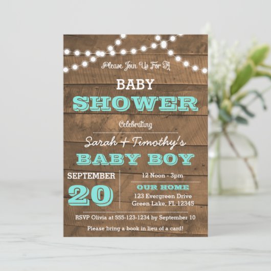 Barnwood Lights Aqua Baby shower Kaart (Staand voorkant)