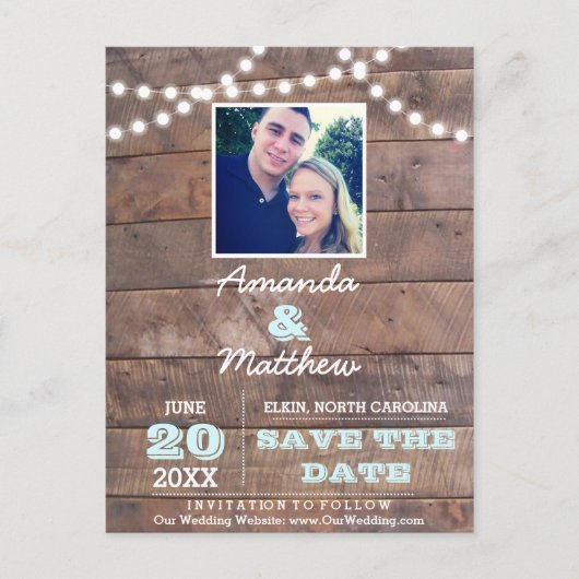 Barnwood Lights Aqua Bruiloft Save the Date Aankondigingskaart (Voorkant)