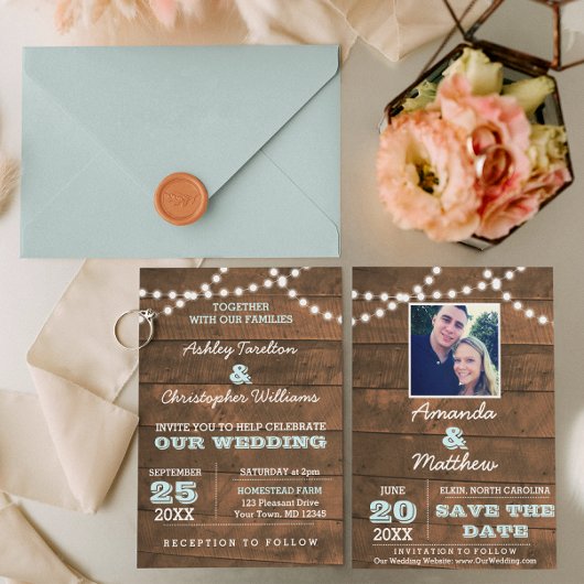 Barnwood Lights Aqua Bruiloft Save the Date Aankondigingskaart