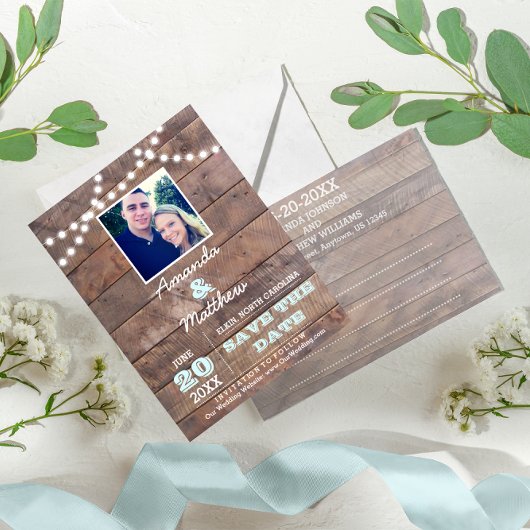 Barnwood Lights Aqua Bruiloft Save the Date Aankondigingskaart