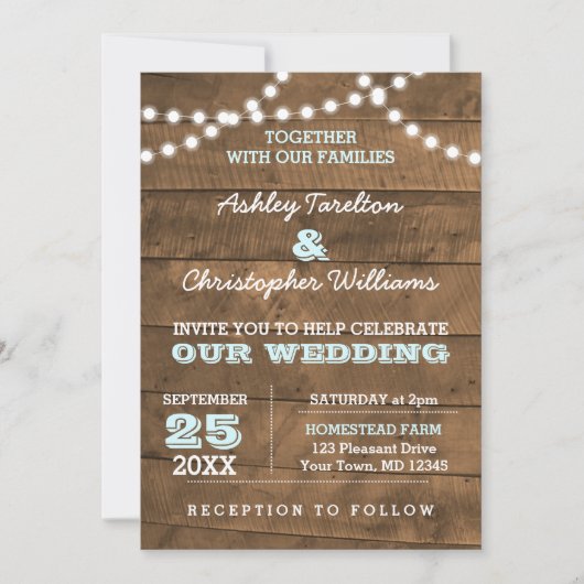 Barnwood Lights Aqua bruiloft uitnodiging (Voorkant)