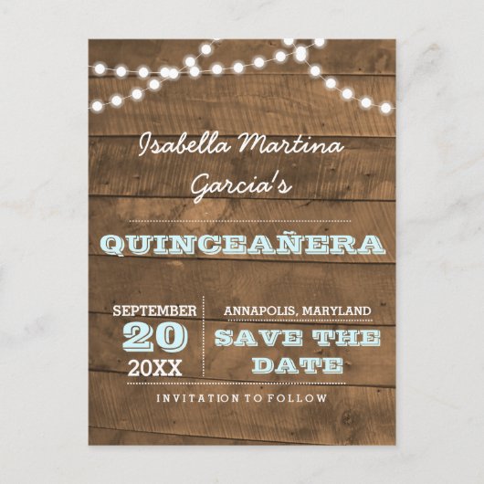 Barnwood Lights Aqua Quinceañera Bewaar de datum Aankondigingskaart (Voorkant)