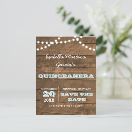 Barnwood Lights Aqua Quinceañera Bewaar de datum Aankondigingskaart (Staand voorkant)