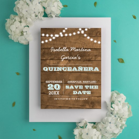 Barnwood Lights Aqua Quinceañera Bewaar de datum Aankondigingskaart