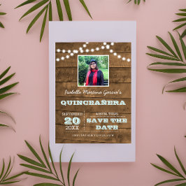 Barnwood Lights Aqua Quinceañera Foto Opslaan Datu Aankondigingskaart