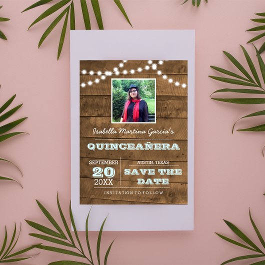 Barnwood Lights Aqua Quinceañera Foto Opslaan Datu Aankondigingskaart