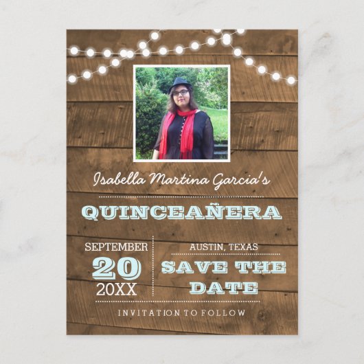 Barnwood Lights Aqua Quinceañera Foto Opslaan Datu Aankondigingskaart (Voorkant)