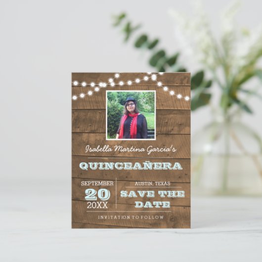 Barnwood Lights Aqua Quinceañera Foto Opslaan Datu Aankondigingskaart (Staand voorkant)