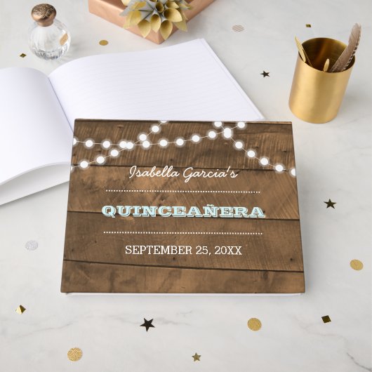 Barnwood Lights Aqua Quinceañera Guest Book Gastenboek (Voorkant open)