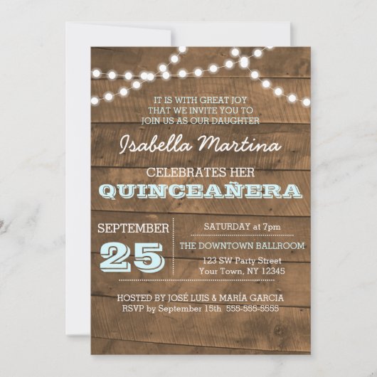 Barnwood Lights Aqua Quinceañera uitnodiging (Voorkant)