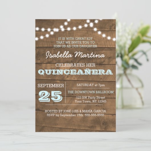 Barnwood Lights Aqua Quinceañera uitnodiging (Staand voorkant)