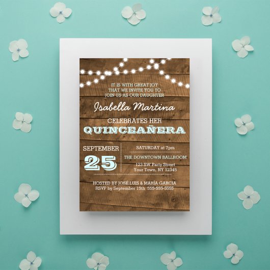 Barnwood Lights Aqua Quinceañera uitnodiging