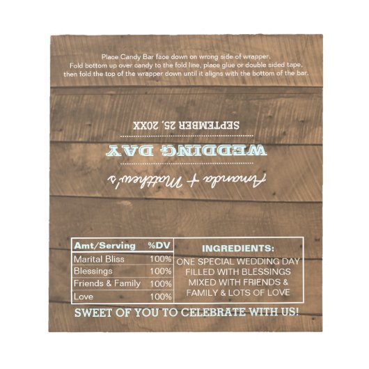 Barnwood Lights Aqua Wedding Favor Snoep Wrappers Notitieblok (Voorkant)