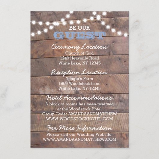 Barnwood Lights Blauw Bruiloft Informatie Kaart (Voorkant)