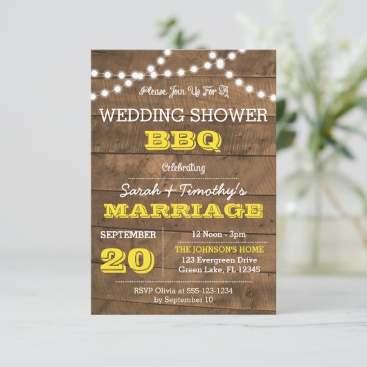 Barnwood Lights Gold Wedding Party SM Uitnodiging (Staand voorkant)